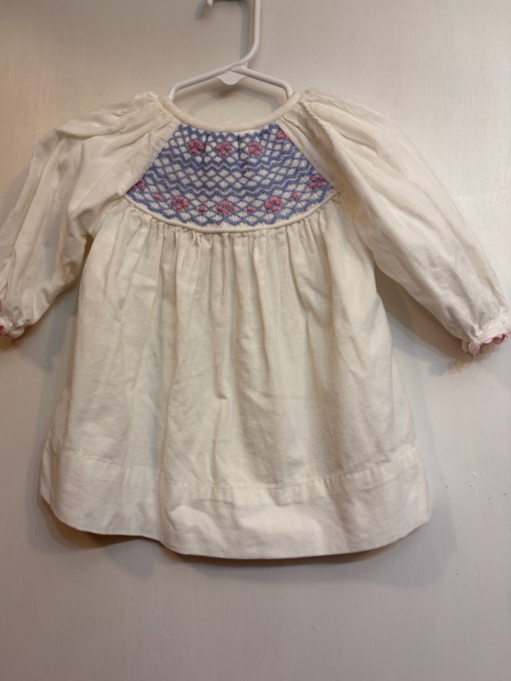 Cream Kids Smocked Dress with Blue and Pink Embroidery